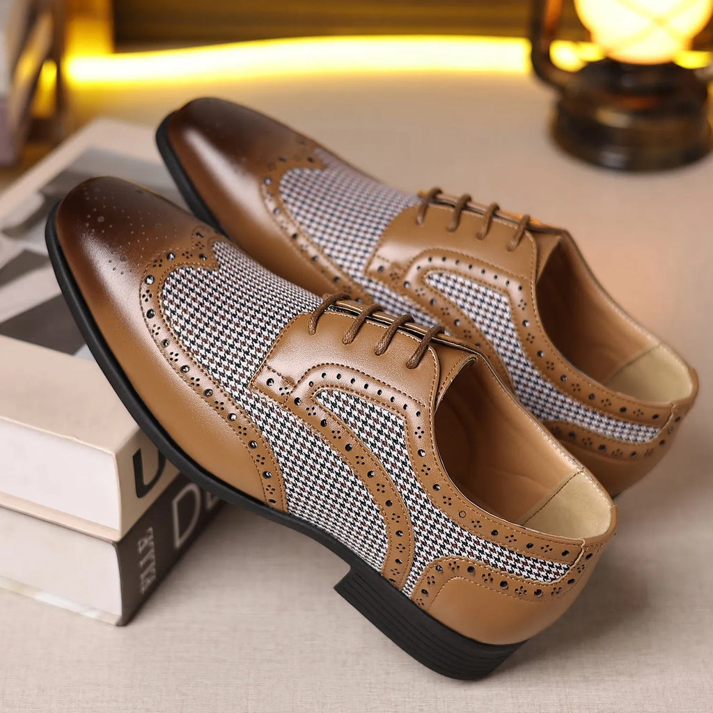 Men's casual canvas shoes with imitation houndstooth plaid pattern, square toe, and rubber sole in black, brown, wine red, and yellow