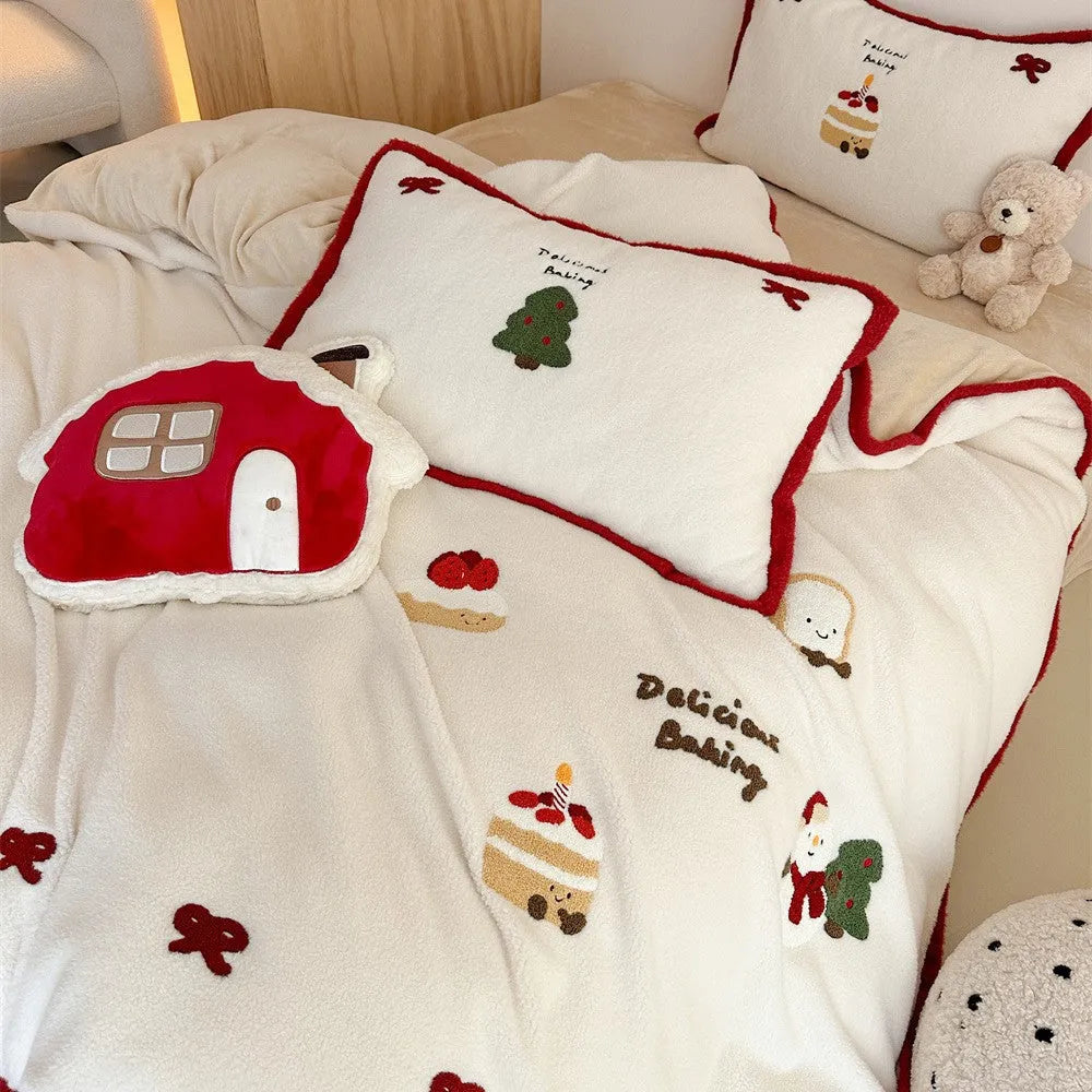 Cartoon pattern girls bedding four-piece set with duvet cover, sheet, and pillowcases in a snowy milk pastry design.