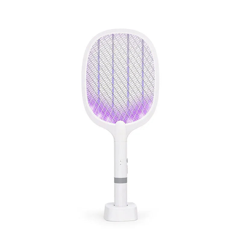 Blue and green rechargeable electric mosquito swatter with USB charging cable.
