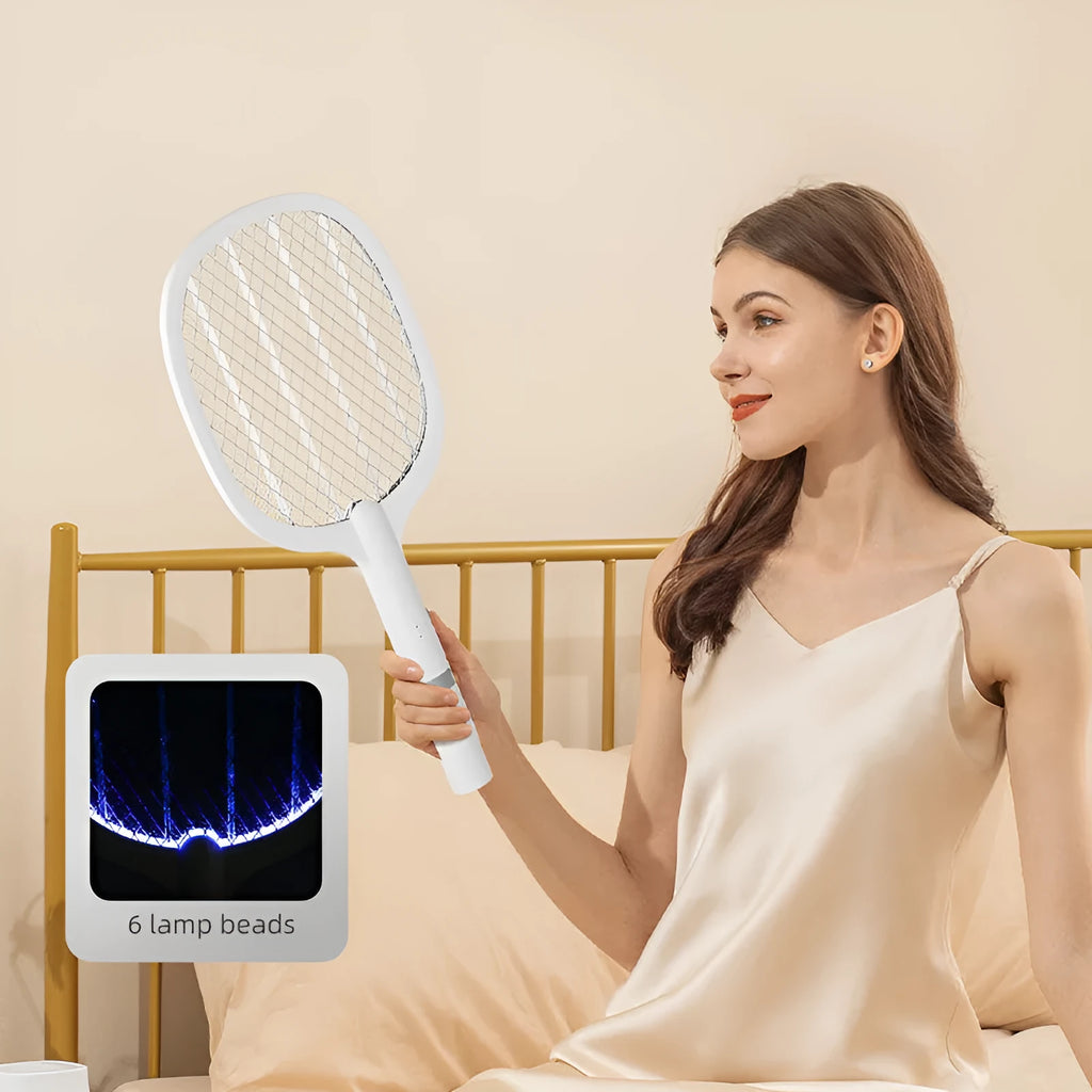Blue and green rechargeable electric mosquito swatter with USB charging cable.