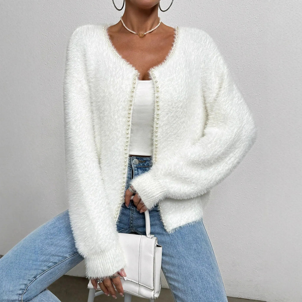 Women's white V-neck cardigan sweater with bead knitwork detailing