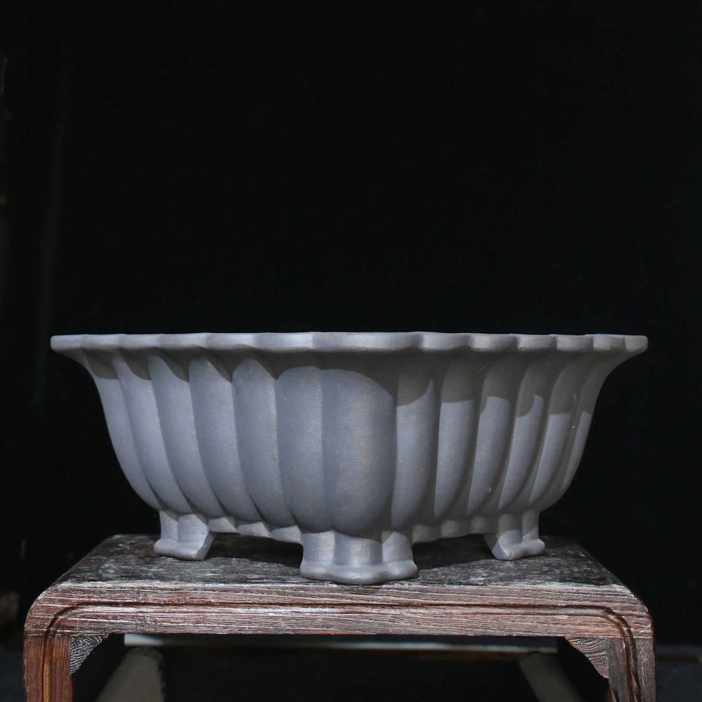 Square purple sand ceramic bonsai pot with 37x15cm inner diameter on desktop