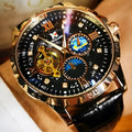 Men's automatic mechanical watch with black rose gold case, hollow dial showing movement, leather strap