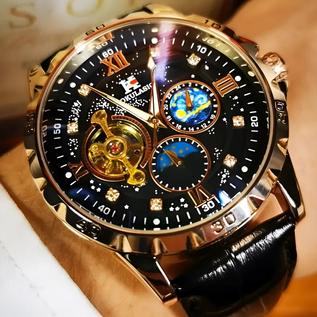 Men's automatic mechanical watch with black rose gold case, hollow dial showing movement, leather strap