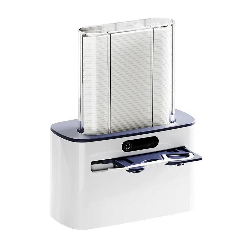 Automatic induction dental floss box in dark grey, gold, or light grey plastic with USB-C charging port.