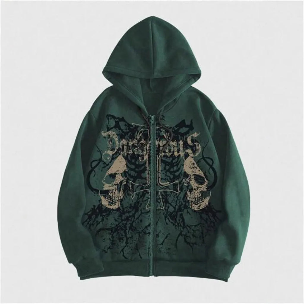 Men's black hooded sweatshirt with skull graphic print, Harajuku style pullover with long sleeves