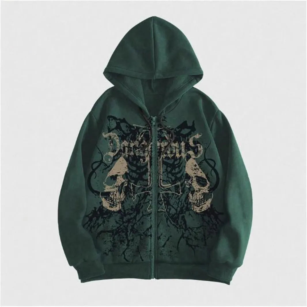 Men's black hooded sweatshirt with skull graphic print, Harajuku style pullover with long sleeves
