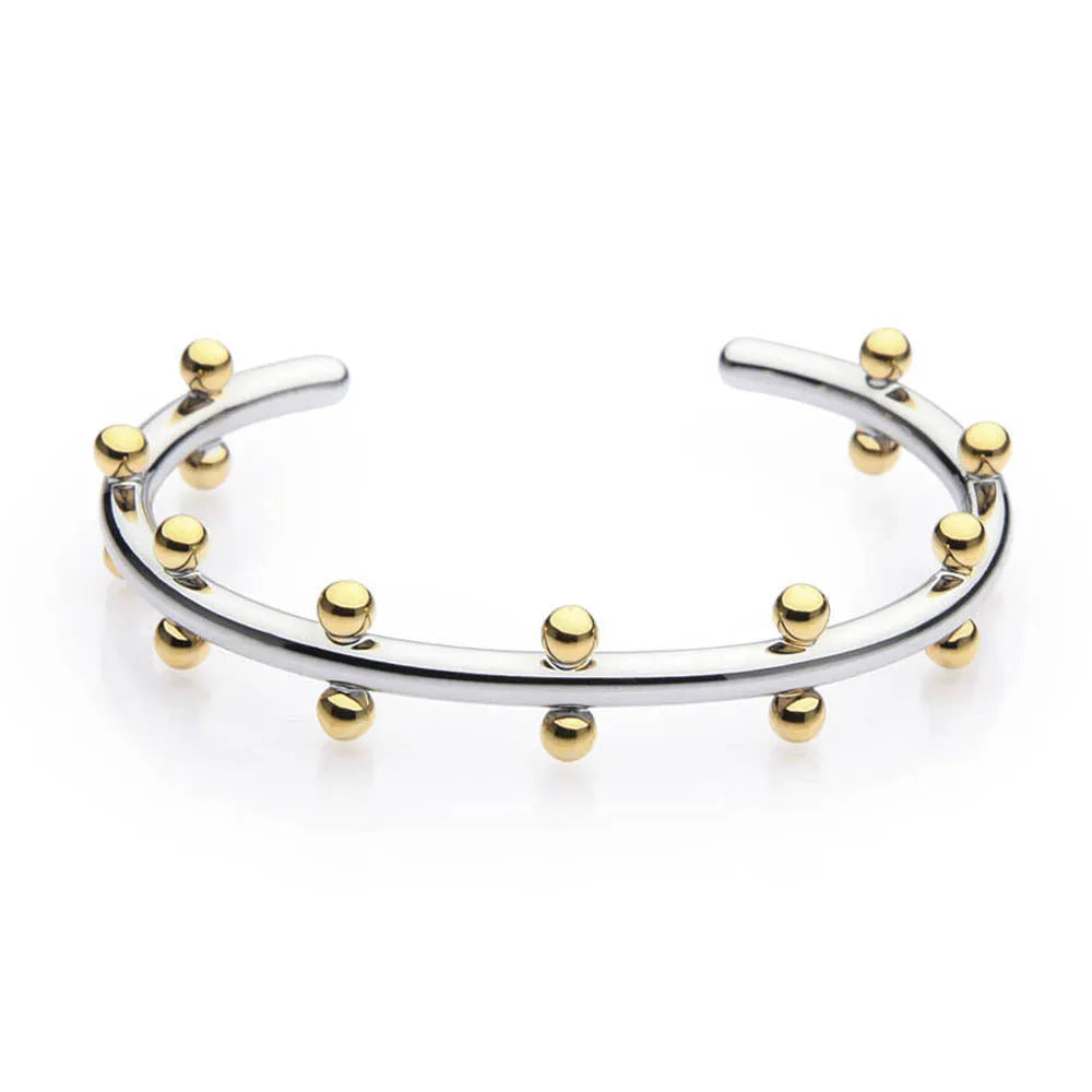 Stainless steel C-shaped bean beads with texture rivet detail in gold, steel, and steel gold colours.
