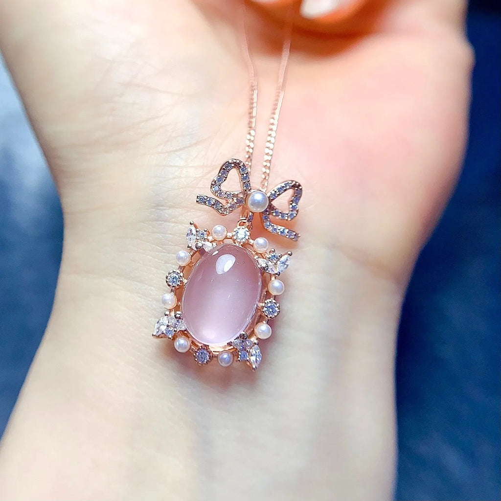 Natural rose quartz geometric pendant on 925 silver chain with rose gold plating