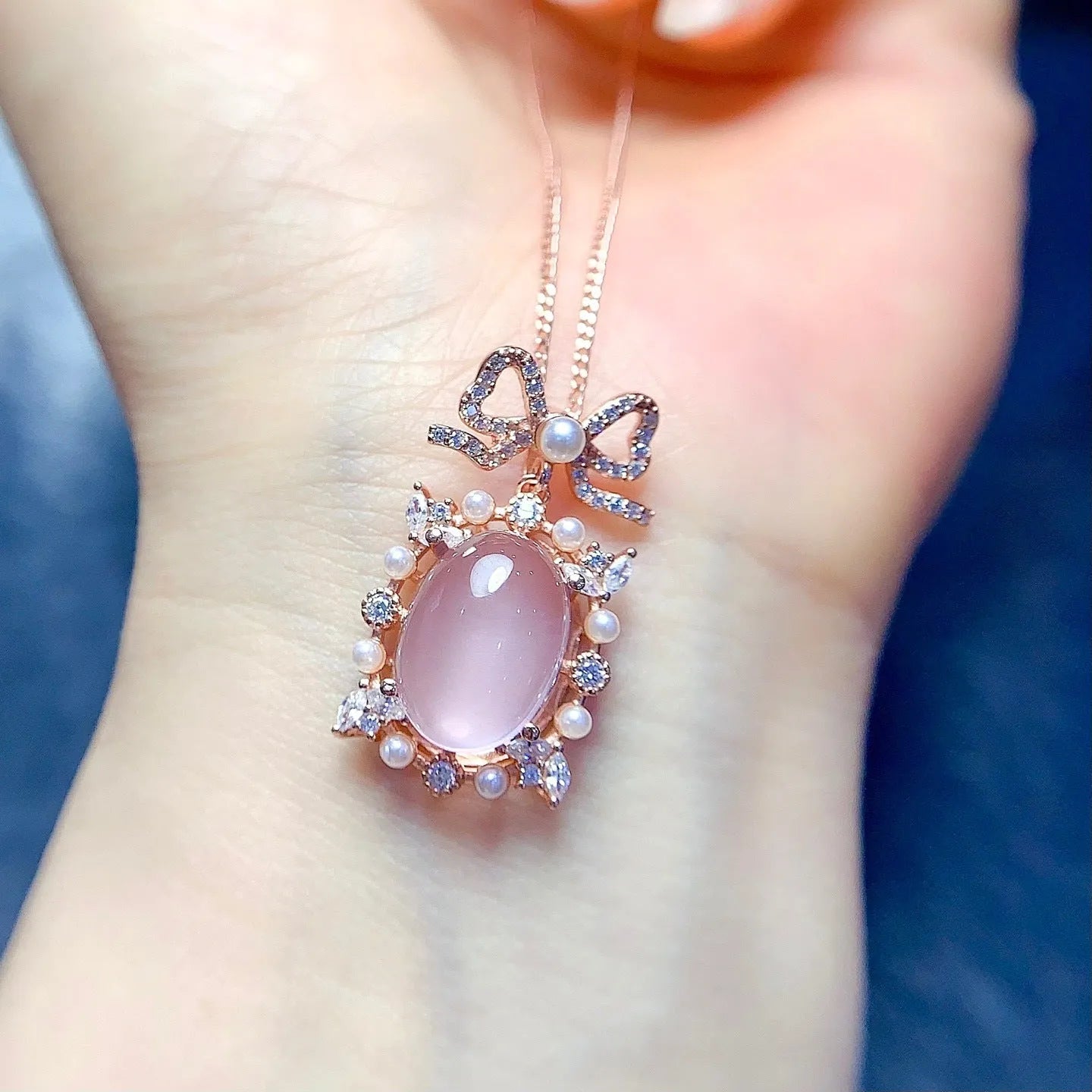 Natural rose quartz geometric pendant on 925 silver chain with rose gold plating