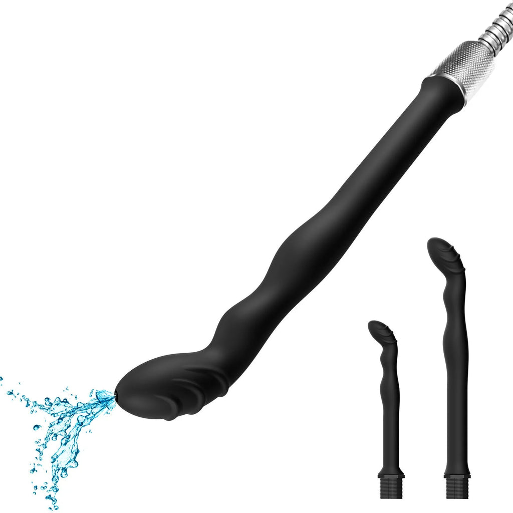 Black silicone hosepipe flusher with enema attachment for drain cleaning