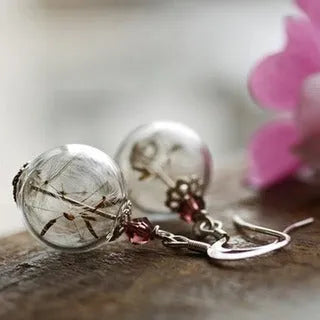 Clear glass ball earrings with crystal dandelion seed design on French hook