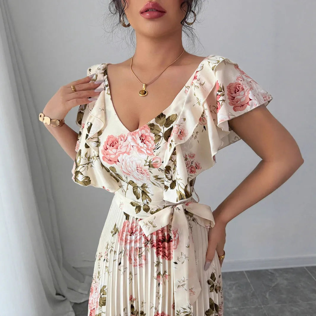 Apricot floral print dress with V-neck, ruffled short sleeves, and a high-waisted long swing skirt