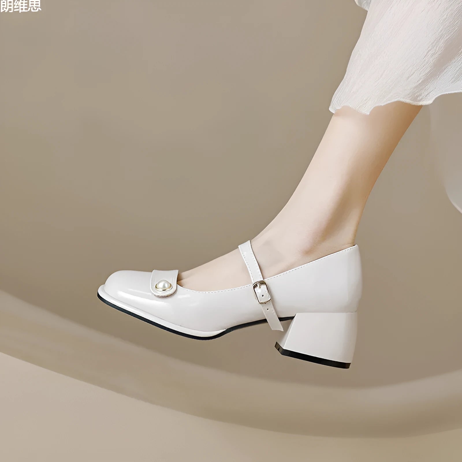 French style women's hiking shoes with chunky heel, square toe, and patent leather upper in apricot colour.
