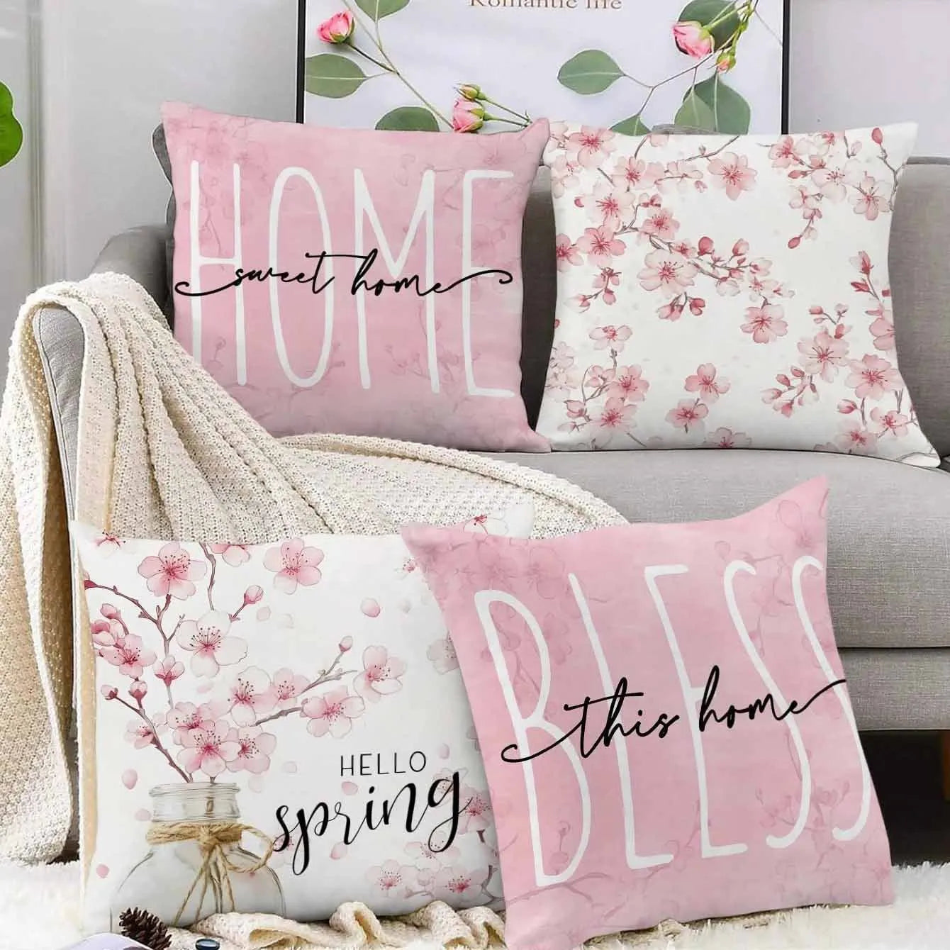 45cm square short velvet cushion cover with printed cherry blossom and letter design.