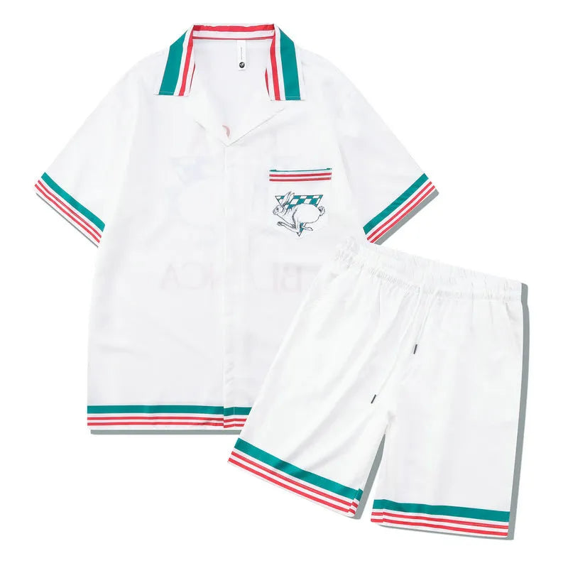 Men's plaid print short sleeve shirt and trousers beach outfit set on a hanger