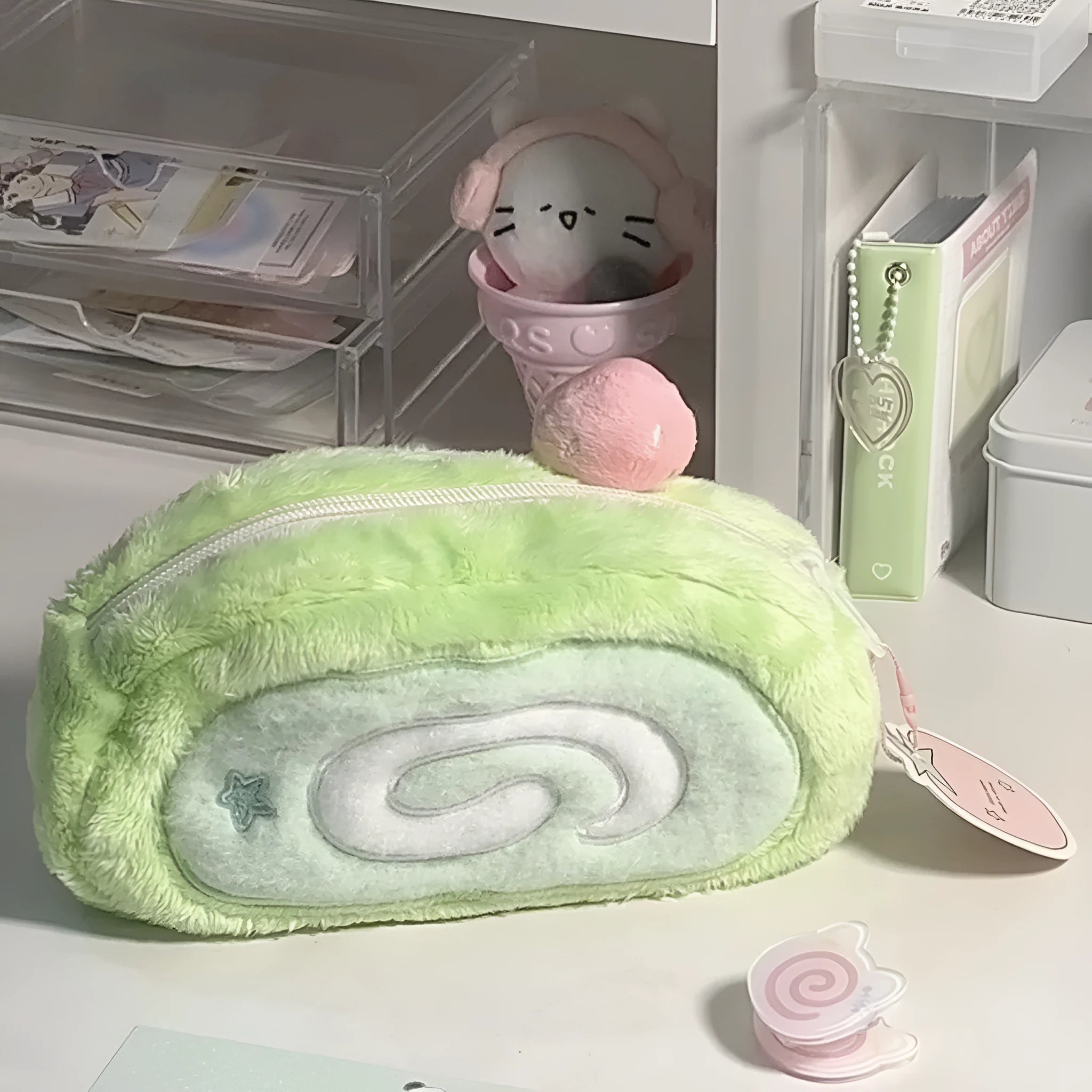 Velvet Swiss roll cake design pencil case with Korean style aesthetic for stationery storage
