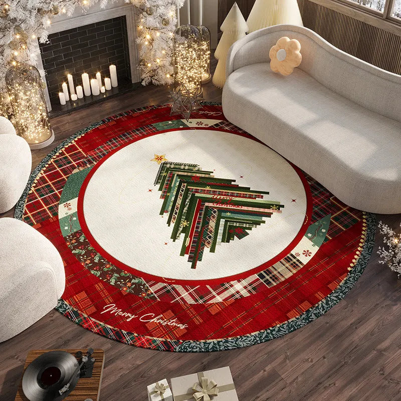 Round Christmas carpet in festive colours with velvet texture on hardwood floor