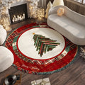 Round Christmas carpet in festive colours with velvet texture on hardwood floor