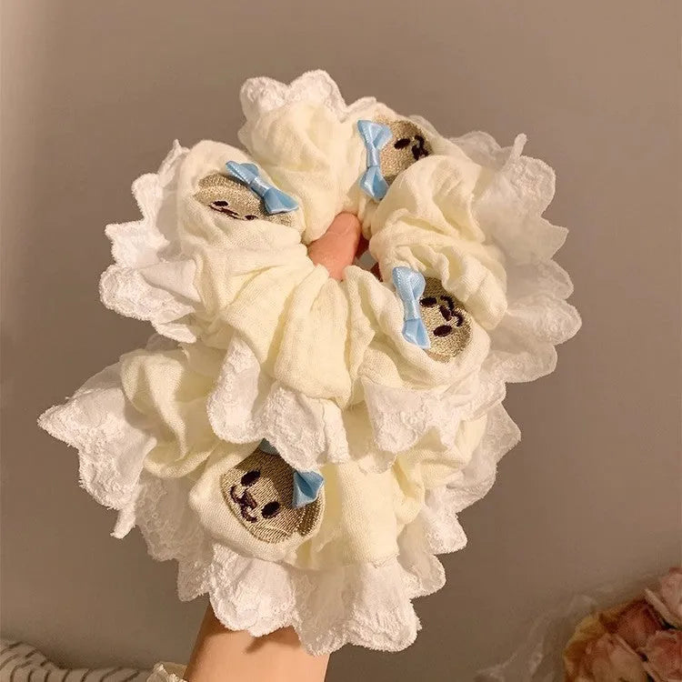 Bear blue bow lace large intestine hair ring cloth elastic hair accessory