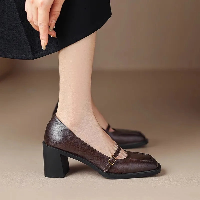 Spring and Autumn New Retro Square Head Women's Soft High Heel Pumps with Buckle Closure in Black and Dark Brown, Available in Sizes 35 to 40, Solid Colour Patent Look with Faux Leather Lining and Rubber Sole