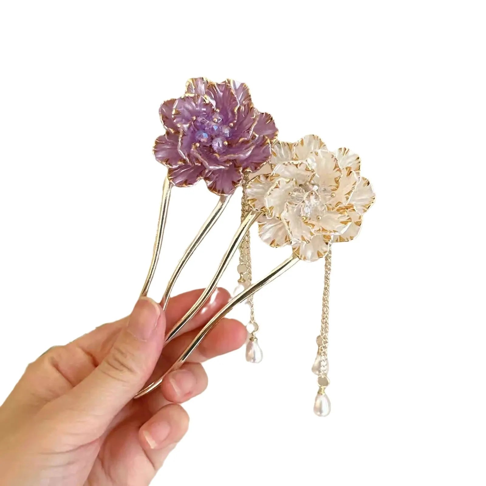 Retro peony flower tassel U-shaped hairpin in alloy with purple and white colour options