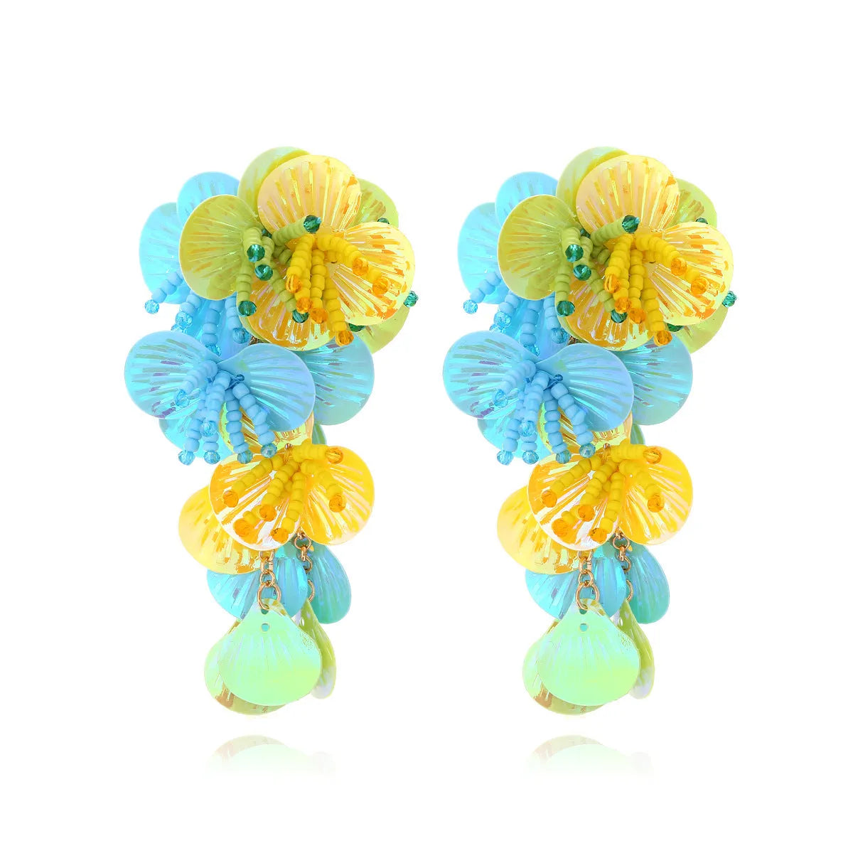 Handmade string bead flower earrings in exaggerated European American dopamine style with floral leaf shapes