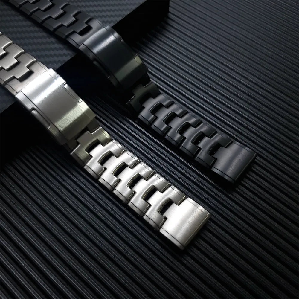 Replacement strap for Garmin Fenix watches in silver, black and titanium colours with 22mm and 26mm width options