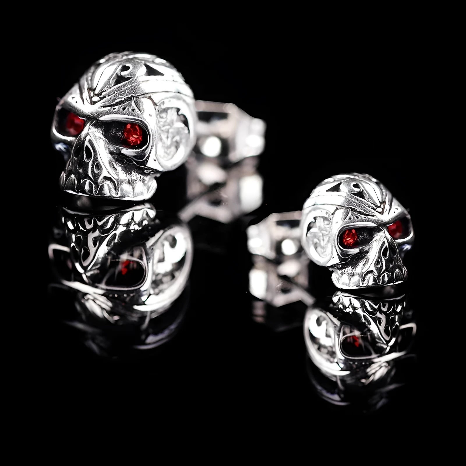 Retro skull stud earrings with red eye ghost head design on alloy metal
