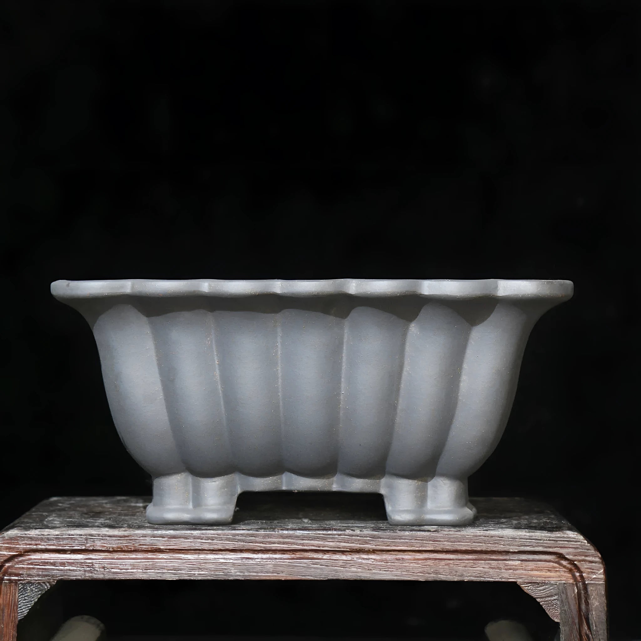 Square purple sand ceramic bonsai pot with 37x15cm inner diameter on desktop