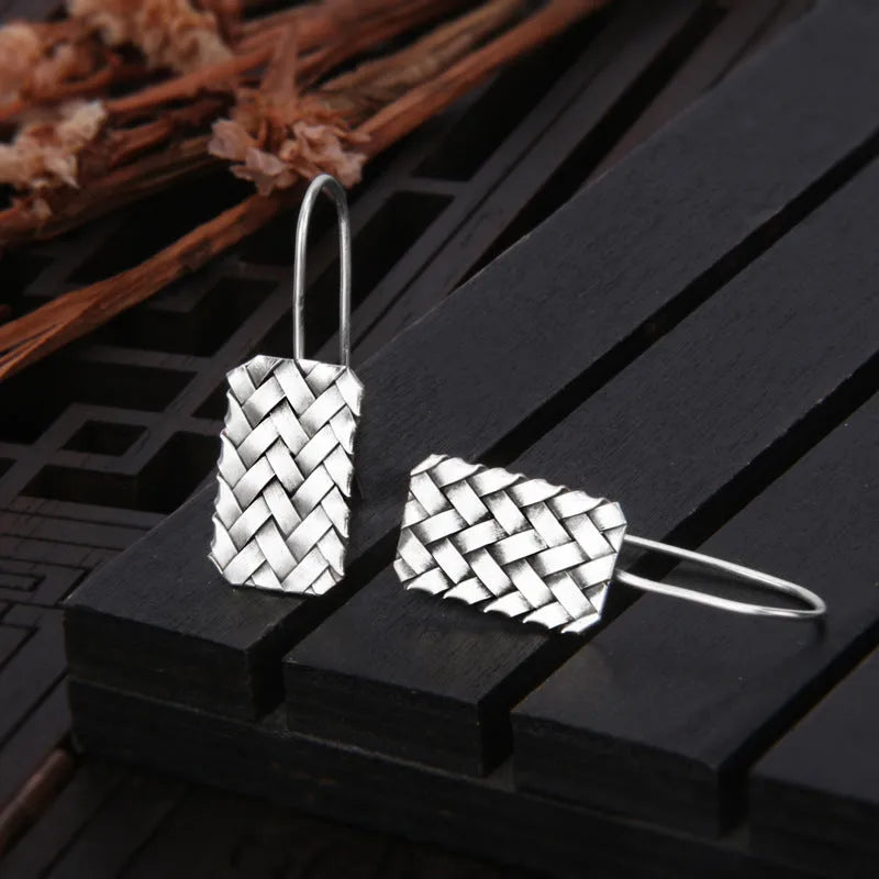 Silver geometric woven diamond plaid earrings with 17.5mm drop measurement