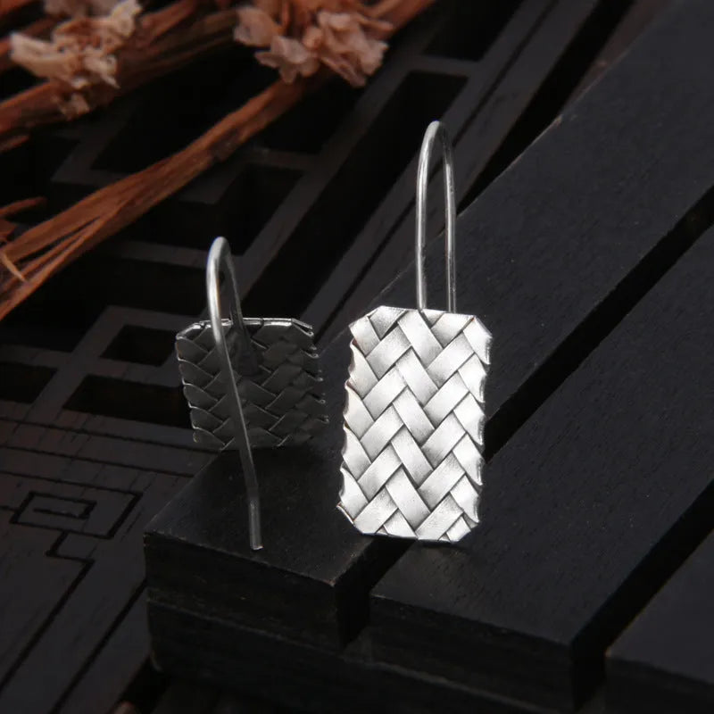 Silver geometric woven diamond plaid earrings with 17.5mm drop measurement