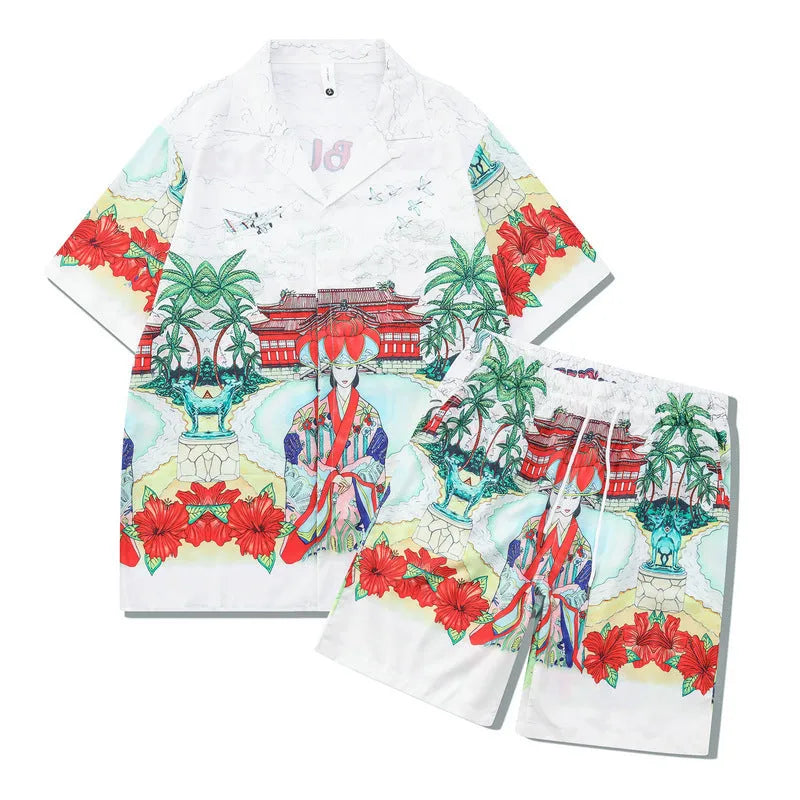Men's plaid print short sleeve shirt and trousers beach outfit set on a hanger