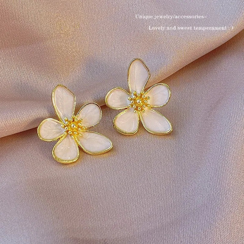 White drop oil petal earrings for women – five petal flower drop ear studs with glossy dripping oil finish on zinc alloy