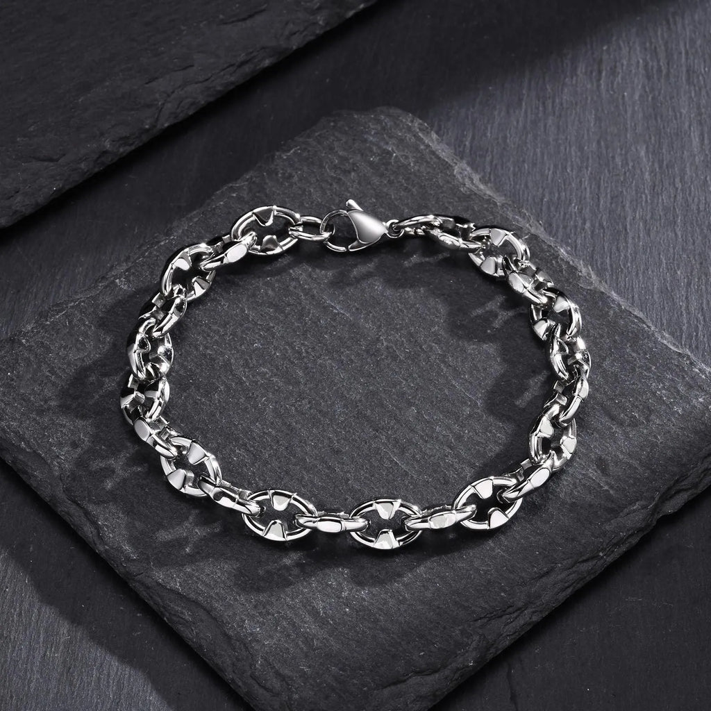 Handmade thick geometric chain bracelet in stainless steel for men, unisex design.