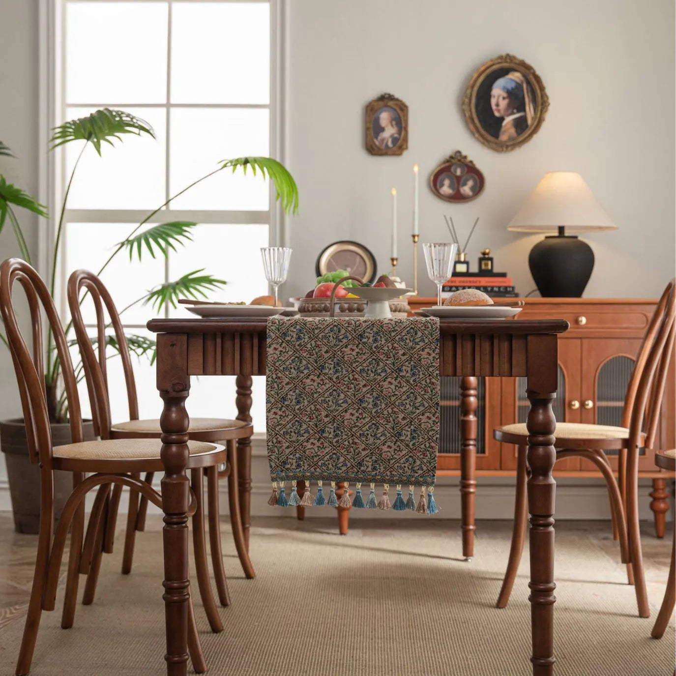 Dark blue Nordic jacquard table flag with striped bouquet pattern and tassel fringe on a wooden table.