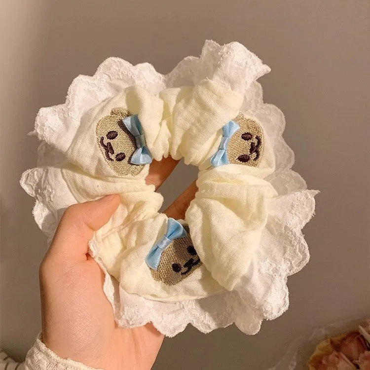 Bear blue bow lace large intestine hair ring cloth elastic hair accessory
