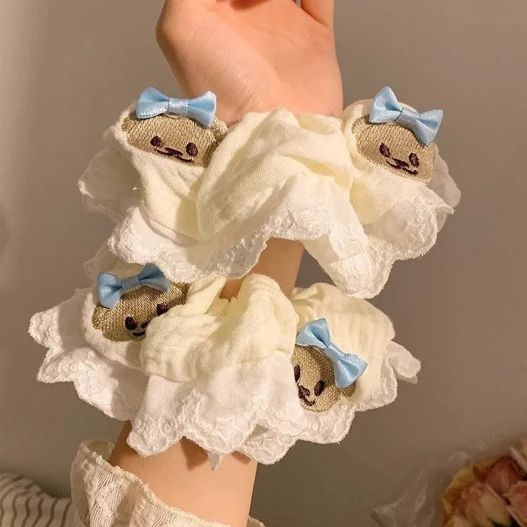 Bear blue bow lace large intestine hair ring cloth elastic hair accessory