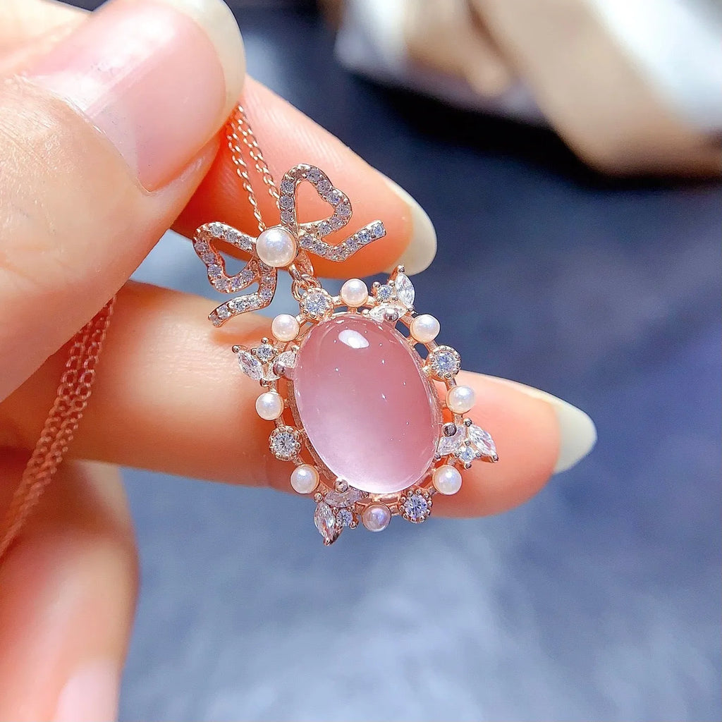 Natural rose quartz geometric pendant on 925 silver chain with rose gold plating