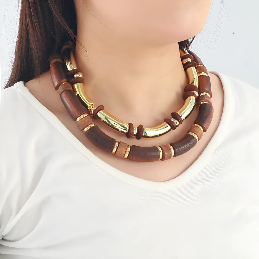 Women's multi-layer wooden necklace and bracelet set with alloy pendants in European exaggerated fashion style
