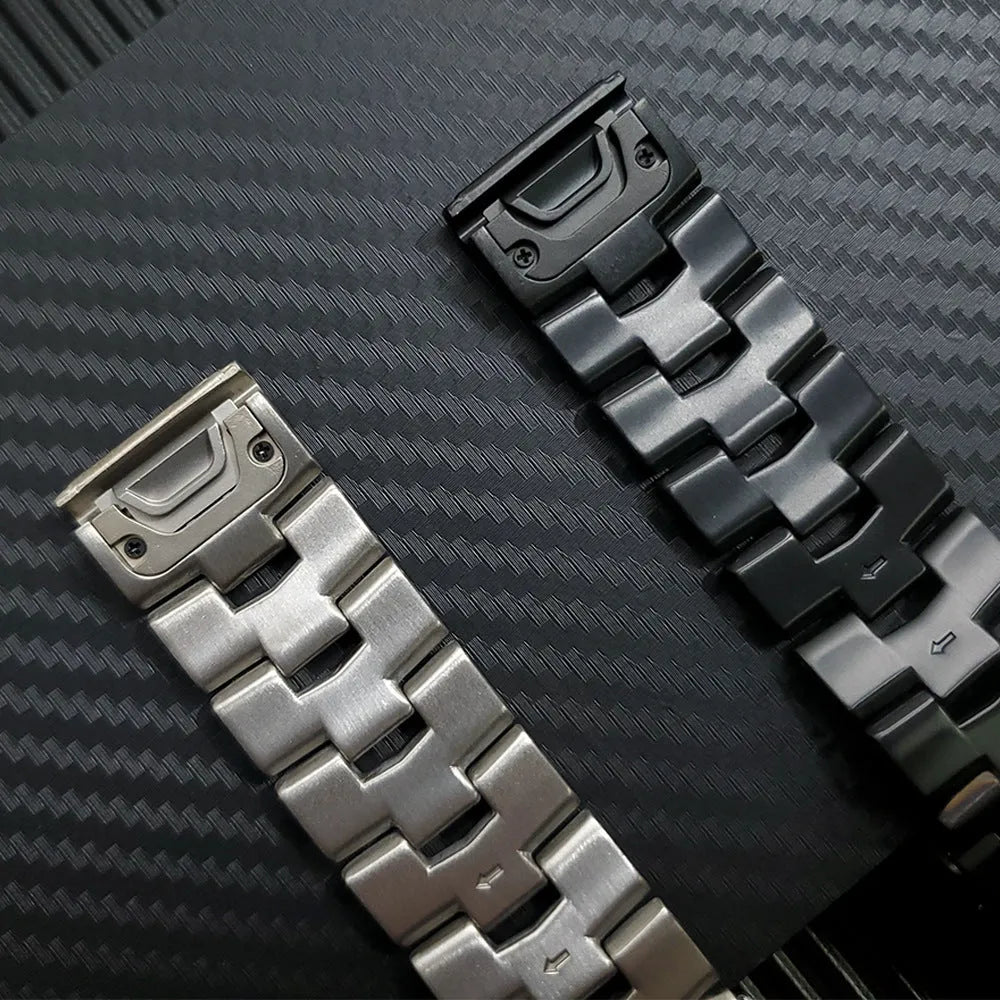 Replacement strap for Garmin Fenix watches in silver, black and titanium colours with 22mm and 26mm width options