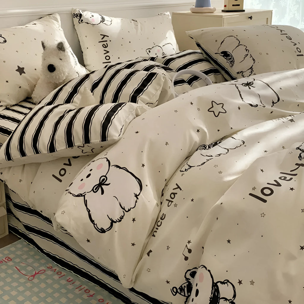 Cartoon dog pattern cotton bedding four-piece set showing quilt cover and sheets