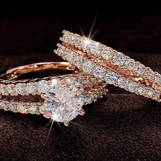 Female alloy ring set with diamond treatment in silver gold rose gold colours, geometric round shape