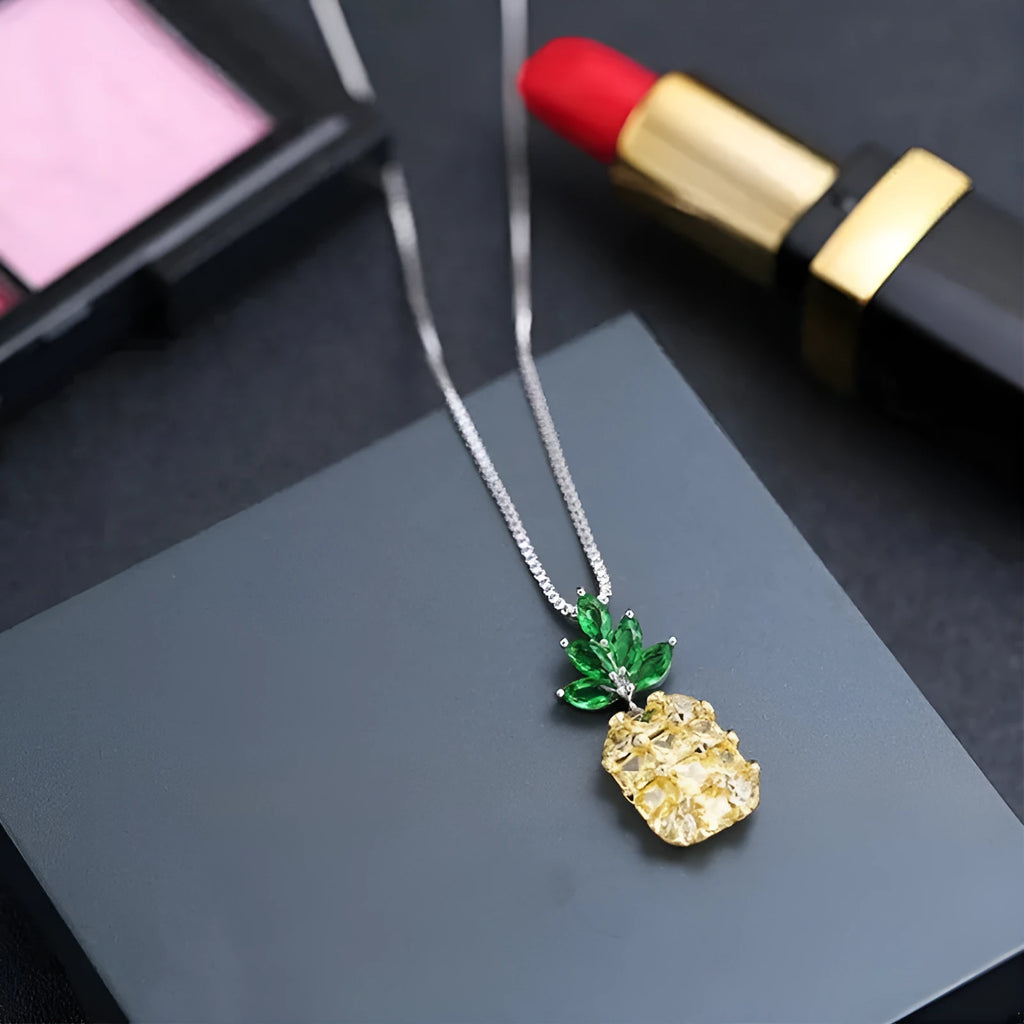 Korean fashion women's pineapple diamond necklace with geometric pendant in silver colour plating