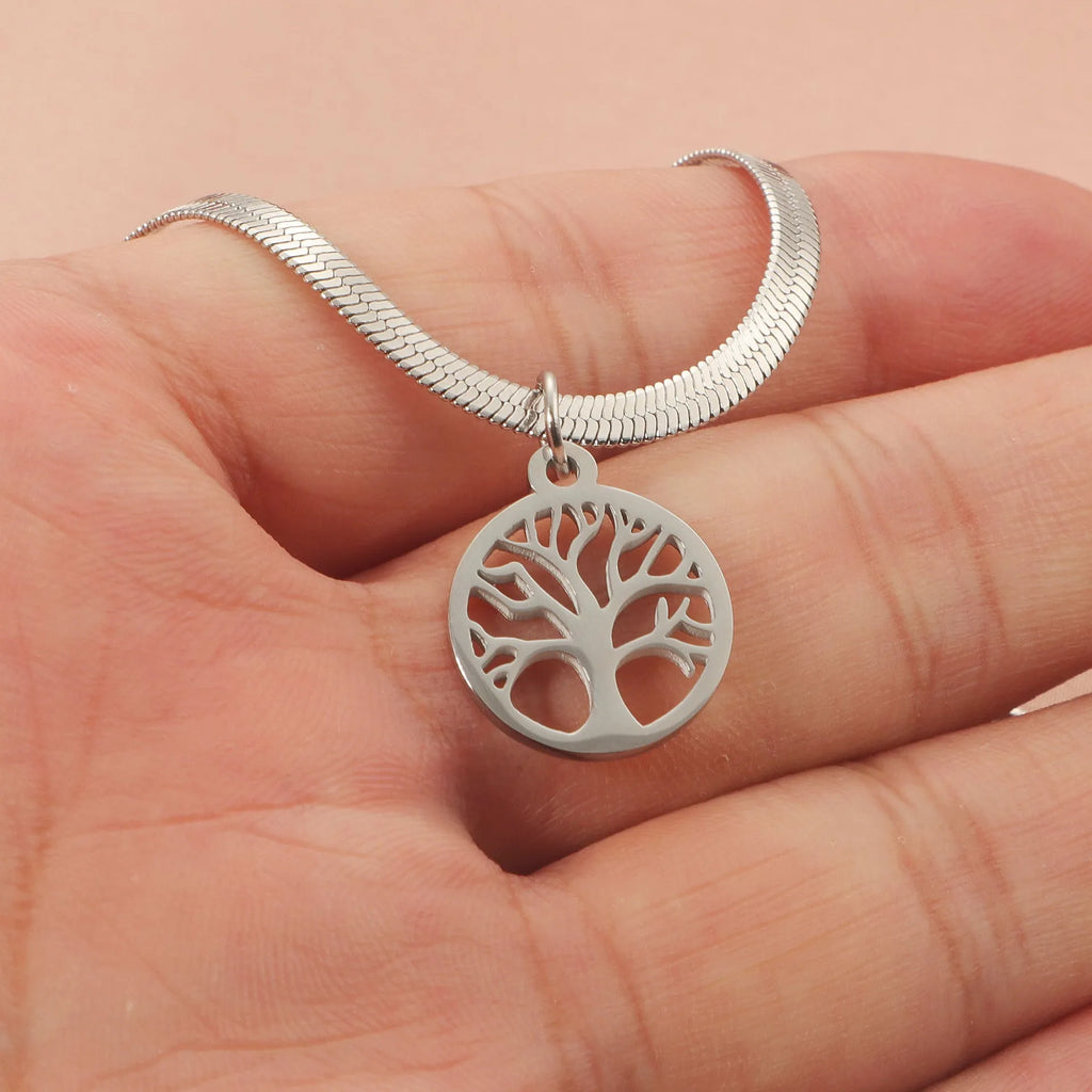 Stainless steel lucky tree necklace on adjustable snake bone chain with titanium steel pendant
