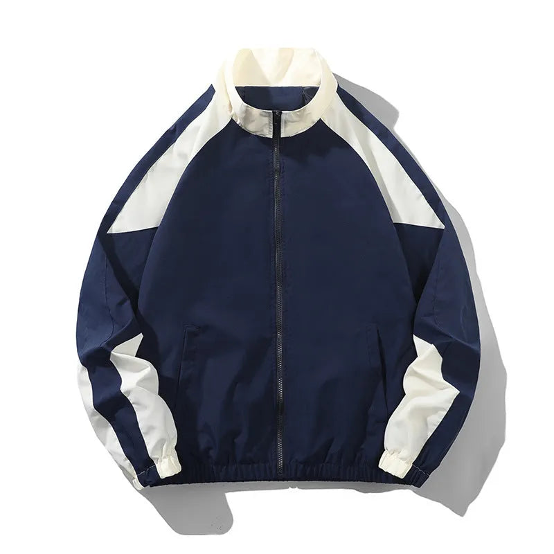 Men's black casual jacket with contrast stitching detail and side pockets, shown in loose fit for spring and autumn wear