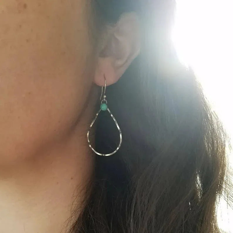Turquoise geometric circle earrings with antique silver finish and bohemian vintage style