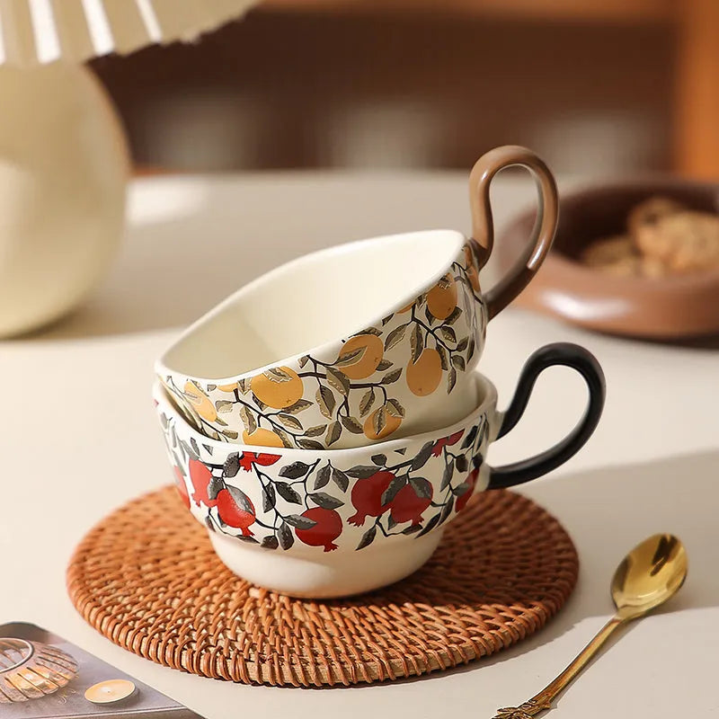 Antique-style ceramic coffee cup and saucer set in black or orange with 210ml capacity