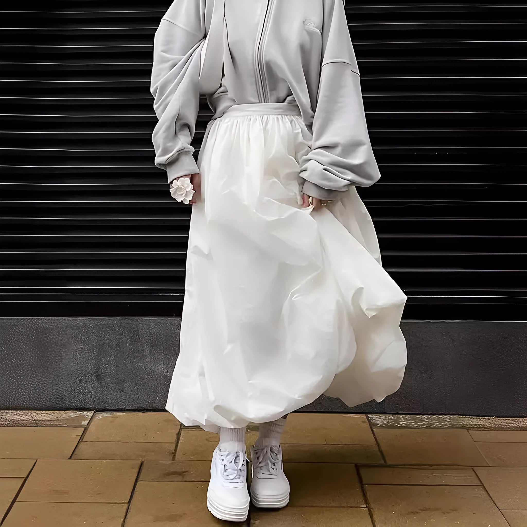 Women's long cotton skirt in black or white with elastic waistband