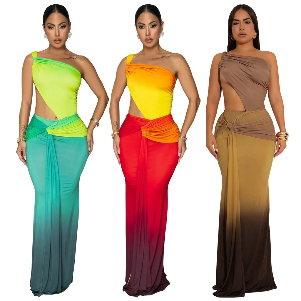 Women's long gradient colour dress with an asymmetric cross-shoulder neckline and sleeveless design.